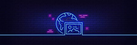 Illustration for Neon light glow effect. Web photo line icon. Image thumbnail sign. Picture album placeholder symbol. 3d line neon glow icon. Brick wall banner. Web photo outline. Vector - Royalty Free Image