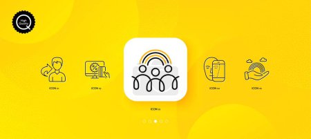 Illustration for Lgbt, Inclusion and Online shopping minimal line icons. Yellow abstract background. Face biometrics, Share icons. For web, application, printing. Rainbow care, Equity rainbow, Black friday. Vector - Royalty Free Image