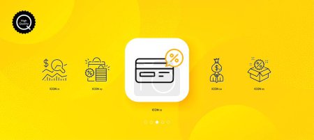 Illustration for Shopping bags, Cashback and Manager minimal line icons. Yellow abstract background. Check investment, Sale icons. For web, application, printing. Sale discount, Non-cash payment, Work profit. Vector - Royalty Free Image