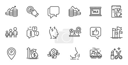Illustration for Outline set of Growth chart, Sale and Touchscreen gesture line icons for web application. Talk, information, delivery truck outline icon. Include Money loss, Flags, Video conference icons. Vector - Royalty Free Image