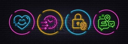 Illustration for Fingerprint lock, Delivery time and Smile face minimal line icons. Neon laser 3d lights. Journey icons. For web, application, printing. Biometric access, Express shipping, Love heart. Vector - Royalty Free Image