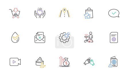 Illustration for Hold heart, Reject letter and File settings line icons for website, printing. Collection of Road, Budget, Dermatologically tested icons. Video camera, Approved message, Shopping web elements. Vector - Royalty Free Image