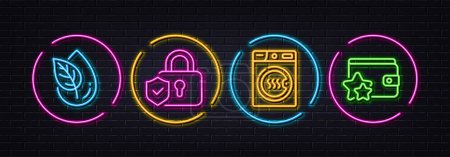 Illustration for Organic product, Dryer machine and Security lock minimal line icons. Neon laser 3d lights. Loyalty program icons. For web, application, printing. Leaf, Laundry, Shield protection. Bonus wallet. Vector - Royalty Free Image
