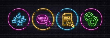 Inspect, Quick tips and Teamwork minimal line icons. Neon laser 3d lights. Time management icons. For web, application, printing. Research document, Helpful tricks, Remote work. Settings. Vector