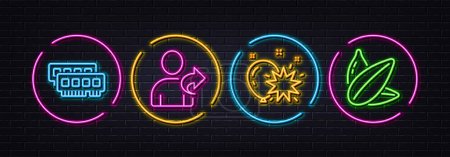 Illustration for Ram, Refer friend and Balloon dart minimal line icons. Neon laser 3d lights. Sunflower seed icons. For web, application, printing. Random-access memory, Share, Attraction park. Vegetarian food. Vector - Royalty Free Image