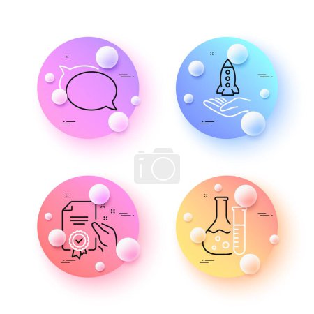 Illustration for Chemistry lab, Talk bubble and Crowdfunding minimal line icons. 3d spheres or balls buttons. Certificate icons. For web, application, printing. Laboratory, Chat message, Start business. Vector - Royalty Free Image