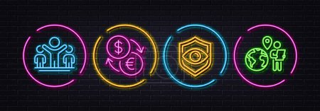 Illustration for Currency exchange, Eye detect and Winner minimal line icons. Neon laser 3d lights. Outsource work icons. For web, application, printing. Money transfer, Retina check, Best results. Vector - Royalty Free Image