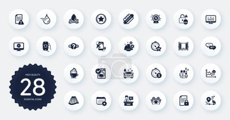 Illustration for Set of Business icons, such as Washing machine, Skirt and Discount flat icons. Delivery, Seo analysis, Flight destination web elements. Car wash, Instruction manual, Exhibitors signs. Vector - Royalty Free Image