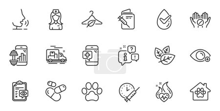 Ilustración de Conjunto de bocetos de pata de perro, refugio para mascotas e iconos de línea de enfermería de hospital para aplicación web. Hablar, información, entrega icono contorno del camión. Vector - Imagen libre de derechos