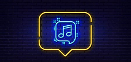 Illustration for Neon light speech bubble. Musical note in speech bubble line icon. Music sign. Neon light background. Musical note glow line. Brick wall banner. Vector - Royalty Free Image