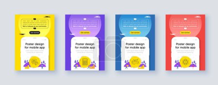 Illustration for Simple set of 360 degrees, Calculator and Fake news line icons. Poster offer design with phone interface mockup. Include Atom icons. For web, application. Vector - Royalty Free Image