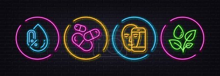 Illustration for Face biometrics, Capsule pill and No alcohol minimal line icons. Neon laser 3d lights. Plants watering icons. For web, application, printing. Facial recognition, Medicine drugs, Mineral oil. Vector - Royalty Free Image