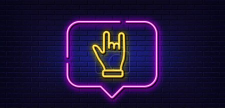 Illustration for Neon light speech bubble. Horns hand line icon. Two fingers palm sign. Gesture symbol. Neon light background. Horns hand glow line. Brick wall banner. Vector - Royalty Free Image