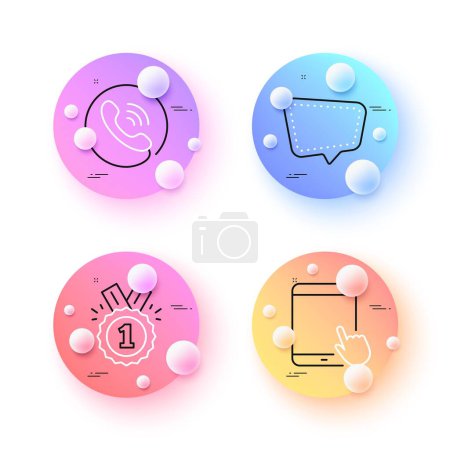 Illustration for Tablet pc, Call center and Chat message minimal line icons. 3d spheres or balls buttons. Approved icons. For web, application, printing. Touchscreen gadget, Phone support, Speech bubble. Vector - Royalty Free Image