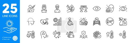 Illustration for Outline icons set. Health eye, Coronavirus and Cough icons. Difficult stress, Medical mask, Disability web elements. Cleaning liquids, Sick man, Social care signs. Washing hands. Vector - Royalty Free Image