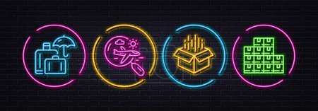 Illustration for Luggage insurance, Open box and Search flight minimal line icons. Neon laser 3d lights. Wholesale inventory icons. For web, application, printing. Vector - Royalty Free Image