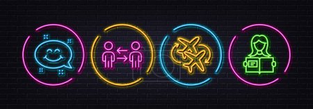 Illustration for Connecting flight, Teamwork business and Smile chat minimal line icons. Neon laser 3d lights. Woman read icons. For web, application, printing. Airport, Collaboration, Happy emoticon. Vector - Royalty Free Image