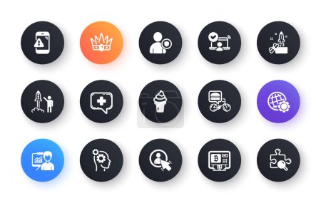 Illustration for Minimal set of Crown, Globe and Innovation flat icons for web development. Launch project, Presentation, Food delivery icons. Thoughts, Bitcoin atm, Medical chat web elements. Ice cream. Vector - Royalty Free Image