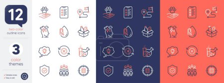 Illustration for Set of Food donation, Reject refresh and Security shield line icons. Include Journey, Stress, Energy icons. Pets care, No alcohol, Calculator target web elements. Chemistry lab. Vector - Royalty Free Image