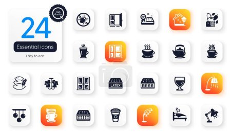 Illustration for Set of Interiors flat icons. Mattress guarantee, Entrance and Floor lamp elements for web application. Flexible mattress, Teapot, Table lamp icons. Sleep, Open door, Tea cup elements. Vector - Royalty Free Image