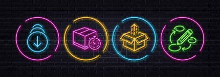 Illustration for Send box, Delivery timer and Scroll down minimal line icons. Neon laser 3d lights. Keywords icons. For web, application, printing. Delivery package, Express logistics, Swipe screen. Vector - Royalty Free Image
