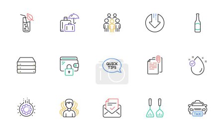 Illustration for Taxi, Gear and Quickstart guide line icons for website, printing. Collection of Group, Document attachment, Servers icons. Approved mail, Wallet, Cooking cutlery web elements. Vector - Royalty Free Image