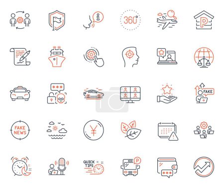 Illustration for Business icons set. Included icon as Alarm, Magistrates court and Notification web elements. Parking, Travel sea, Video conference icons. Online rating, Teamwork, Fake internet web signs. Vector - Royalty Free Image