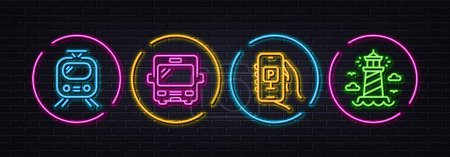 Illustration for Train, Parking app and Bus minimal line icons. Neon laser 3d lights. Lighthouse icons. For web, application, printing. Tram, Smartphone parking, Tourism transport. Beacon tower. Vector - Royalty Free Image