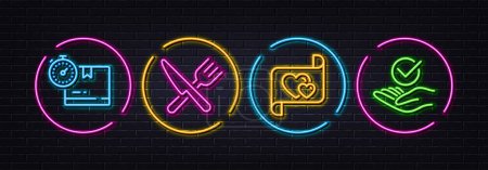 Illustration for Love letter, Food and Cardboard box minimal line icons. Neon laser 3d lights. Approved icons. For web, application, printing. Heart, Cutlery, Warehouse inventory. Verified symbol. Vector - Royalty Free Image