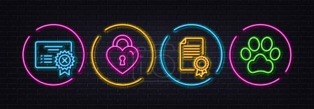 Illustration for Love lock, Certificate and Reject certificate minimal line icons. Neon laser 3d lights. Dog paw icons. For web, application, printing. Bridge locker, Diploma, Decline file. Pets. Vector - Royalty Free Image