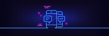 Illustration for Neon light glow effect. Phone Message line icon. Mobile chat sign. Conversation or SMS symbol. 3d line neon glow icon. Brick wall banner. Smartphone SMS outline. Vector - Royalty Free Image