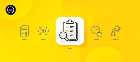 Illustration for Group people, Inspect and Dollar exchange minimal line icons. Yellow abstract background. Time management, Attachment icons. For web, application, printing. Vector - Royalty Free Image