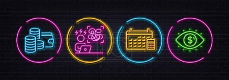Illustration for Difficult stress, Wallet and Calendar minimal line icons. Neon laser 3d lights. Business vision icons. For web, application, printing. Work pressure, Money budget, Calculator device. Vector - Royalty Free Image