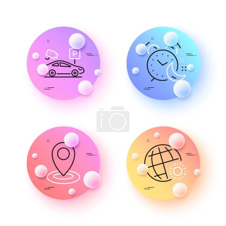 Illustration for Location, Parking security and World weather minimal line icons. 3d spheres or balls buttons. Alarm icons. For web, application, printing. Map pointer, Video camera, Sunny. Night clock. Vector - Royalty Free Image