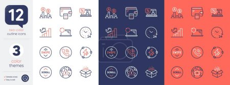Illustration for Set of 24 hours, Call center and Green electricity line icons. Include Growth chart, Recovery laptop, Online loan icons. Swipe up, Lock, Scroll down web elements. Open box, Ab testing, Wallet. Vector - Royalty Free Image