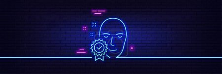 Illustration for Neon light glow effect. Face verified line icon. Access granted sign. Facial identification success symbol. 3d line neon glow icon. Brick wall banner. Face verified outline. Vector - Royalty Free Image