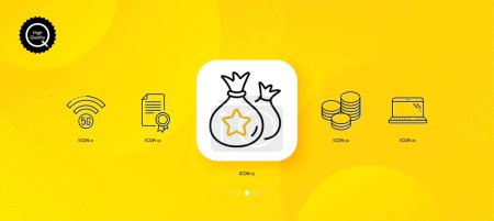 Illustration for Tips, Certificate and Loyalty points minimal line icons. Yellow abstract background. 5g wifi, Laptop icons. For web, application, printing. Cash coins, Diploma, Money bags. Wireless internet. Vector - Royalty Free Image