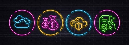 Illustration for Cloudy weather, Cloud protection and Coins bags minimal line icons. Neon laser 3d lights. Certificate icons. For web, application, printing. Sky climate, Storage security, Investment. Vector - Royalty Free Image
