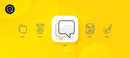 Illustration for Brush, Winner ribbon and Messenger minimal line icons. Yellow abstract background. Report document, Talk bubble icons. For web, application, printing. Art brush, Best award, Speech bubble. Vector - Royalty Free Image