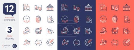 Illustration for Set of Repair document, Seo certificate and Star rating line icons. Include Settings gear, Smile chat, Carousels icons. Card, Fake news, Bus parking web elements. Fingerprint. Vector - Royalty Free Image