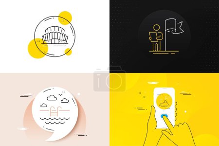 Illustration for Minimal set of Mountain flag, Leadership and Swimming pool line icons. Phone screen, Quote banners. Sports stadium icons. For web development. Success challenge, Winner flag, Basin. Vector - Royalty Free Image