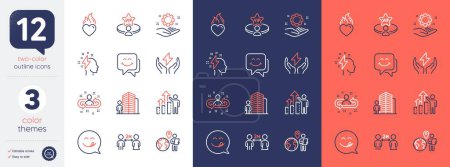 Illustration for Set of Smile face, Safe energy and Yummy smile line icons. Include Employee hand, Social distancing, Employee results icons. Vip table, Outsource work, Agent web elements. Recruitment. Vector - Royalty Free Image