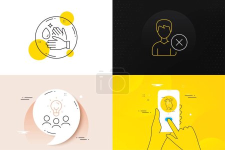Illustration for Minimal set of Remove account, Stress and Business idea line icons. Phone screen, Quote banners. Wash hands icons. For web development. Delete user, Mind anxiety, Meeting people. Clean arms. Vector - Royalty Free Image
