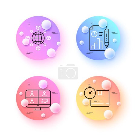 Illustration for Report document, Video conference and Logistics network minimal line icons. 3d spheres or balls buttons. Cardboard box icons. For web, application, printing. Vector - Royalty Free Image