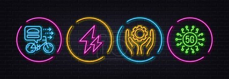 Illustration for Employee hand, Electricity and Food delivery minimal line icons. Neon laser 3d lights. 5g technology icons. For web, application, printing. Work gear, Electric energy, Bicycle courier. Vector - Royalty Free Image