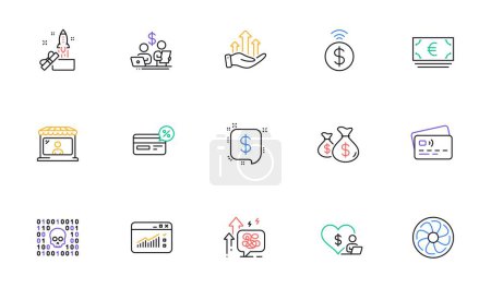 Illustration for Contactless payment, Cashback and Euro currency line icons for website, printing. Collection of Coins bags, Volunteer, Stress grows icons. Card, Binary code, Web traffic web elements. Vector - Royalty Free Image