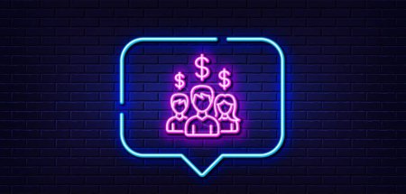 Illustration for Neon light speech bubble. Business networking line icon. Group of people with Dollar signs. Neon light background. Salary employees glow line. Brick wall banner. Vector - Royalty Free Image