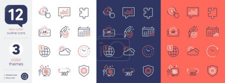 Illustration for Set of Augmented reality, Time change and Puzzle line icons. Include 360 degrees, World money, Coronavirus icons. Ab testing, Stress grows, Calendar graph web elements. Analytical chat. Vector - Royalty Free Image