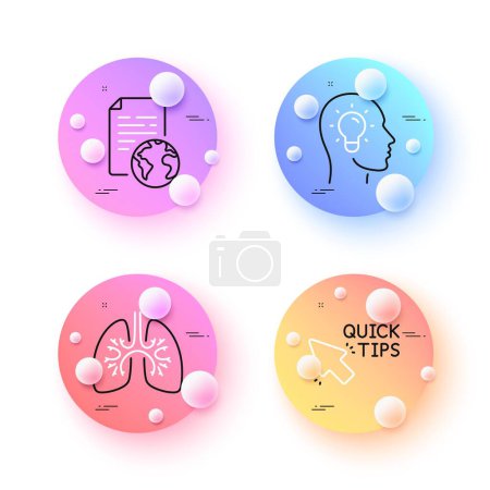 Illustration for Lungs, Internet document and Quick tips minimal line icons. 3d spheres or balls buttons. Idea head icons. For web, application, printing. Respiratory pneumonia, Web page, Helpful tricks. Vector - Royalty Free Image