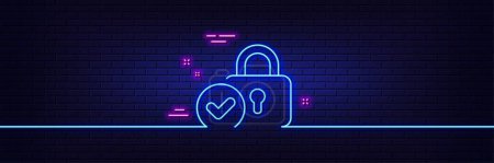 Illustration for Neon light glow effect. Verified locker line icon. Approved protection lock sign. Confirmed security symbol. 3d line neon glow icon. Brick wall banner. Verified locker outline. Vector - Royalty Free Image